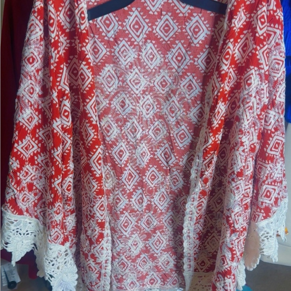 Solitaire Red Aztec Open-Front Crochet-Trim Sweater